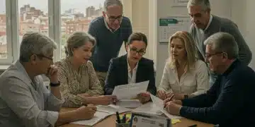 Grupo de personas diversas discutiendo opciones de seguros de vida y ahorro con un asesor financiero en España para 2025.