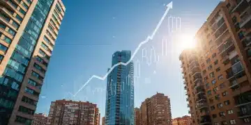 Skyline urbano de España con edificios modernos y gráficos de crecimiento, simbolizando las previsiones del mercado inmobiliario para 2025.