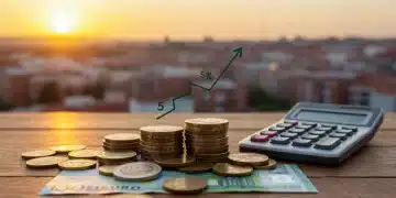 SMI España 2025: ¿Aumento del 5% y su Impacto Económico? Monedas y billetes de euro apilados con una calculadora mostrando un aumento del 5%, simbolizando el aumento del SMI en España para 2025.