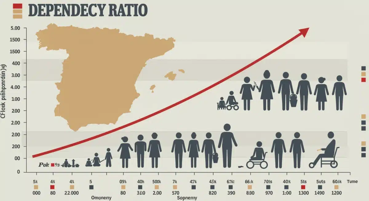 Gráfico de la tasa de dependencia en España, mostrando el aumento de jubilados frente a la población activa y sus implicaciones económicas.
