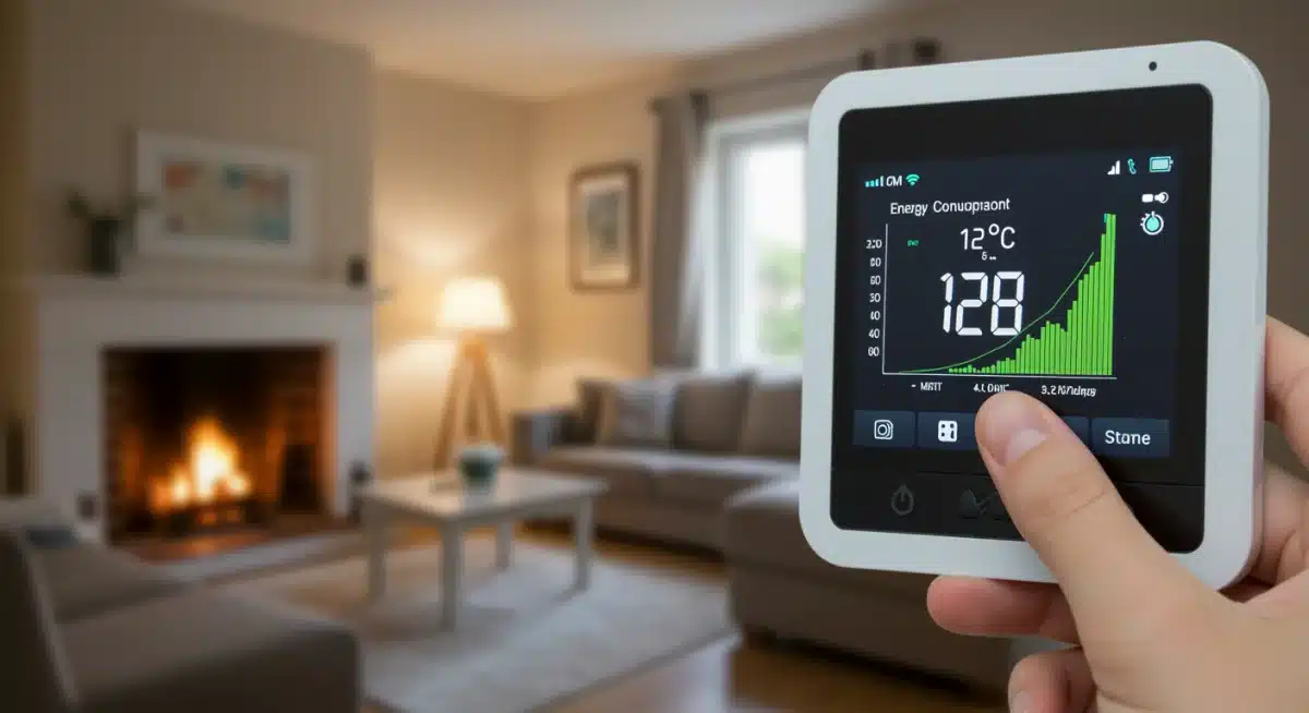 Termostato inteligente mostrando datos de consumo de energía y control de temperatura.