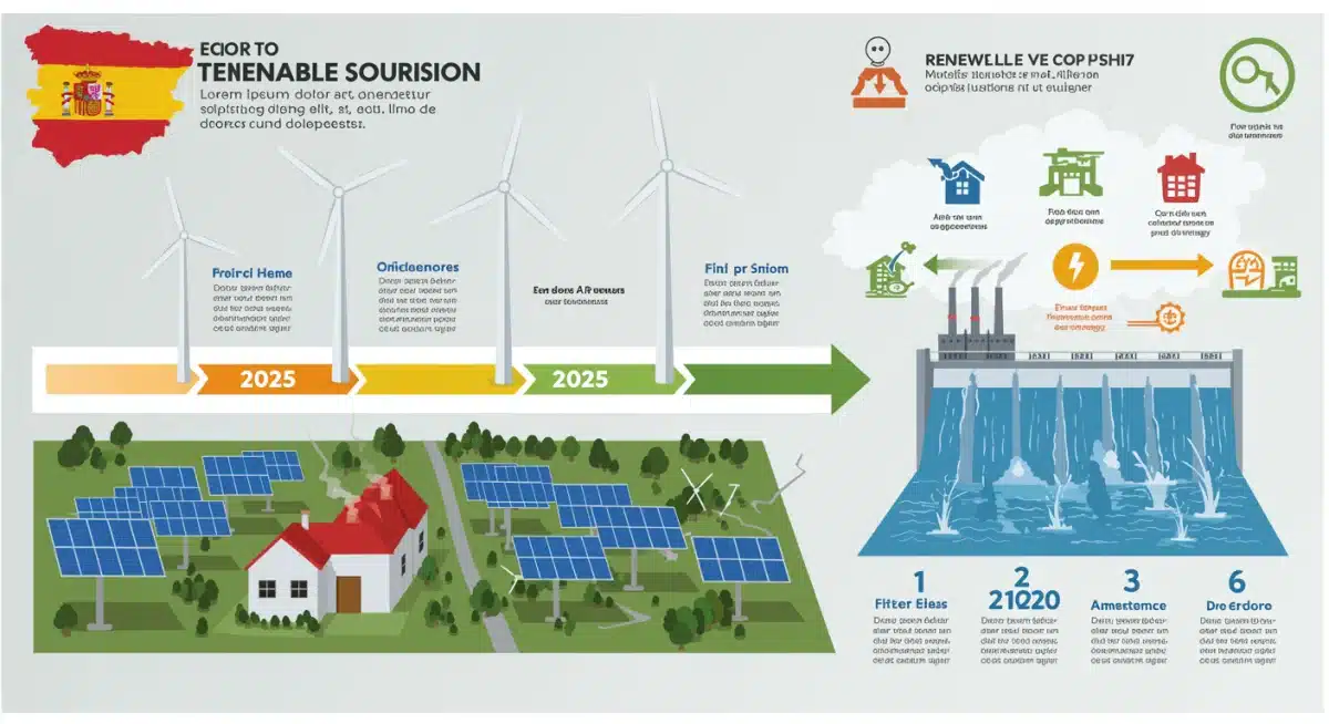 Infografía sobre la transición energética en España, mostrando fuentes renovables como paneles solares y aerogeneradores, y el impacto en la red eléctrica.