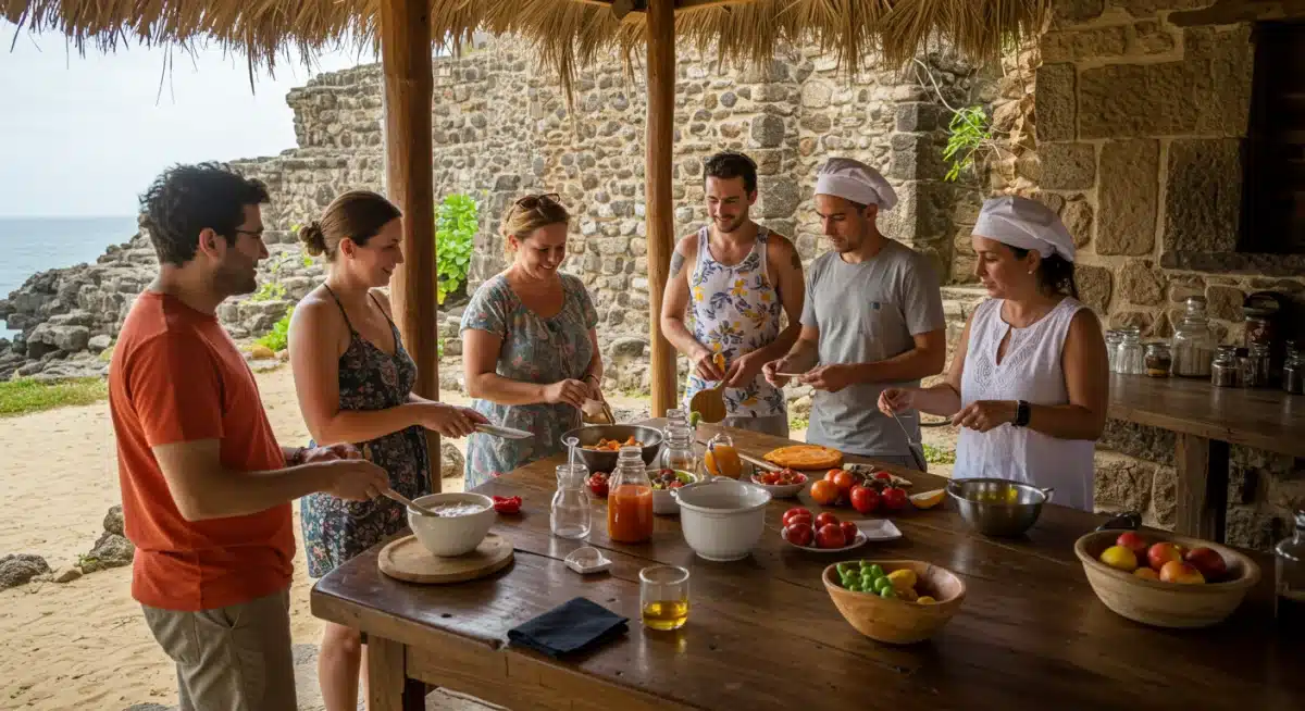 Grupo de turistas participando en una clase de cocina tradicional española, destacando el turismo experiencial y la diversificación de la oferta.