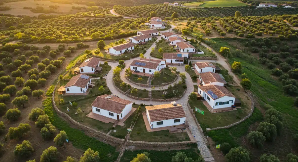 Vista aérea de un proyecto de turismo sostenible en el paisaje rural español, mostrando desarrollo ecológico.