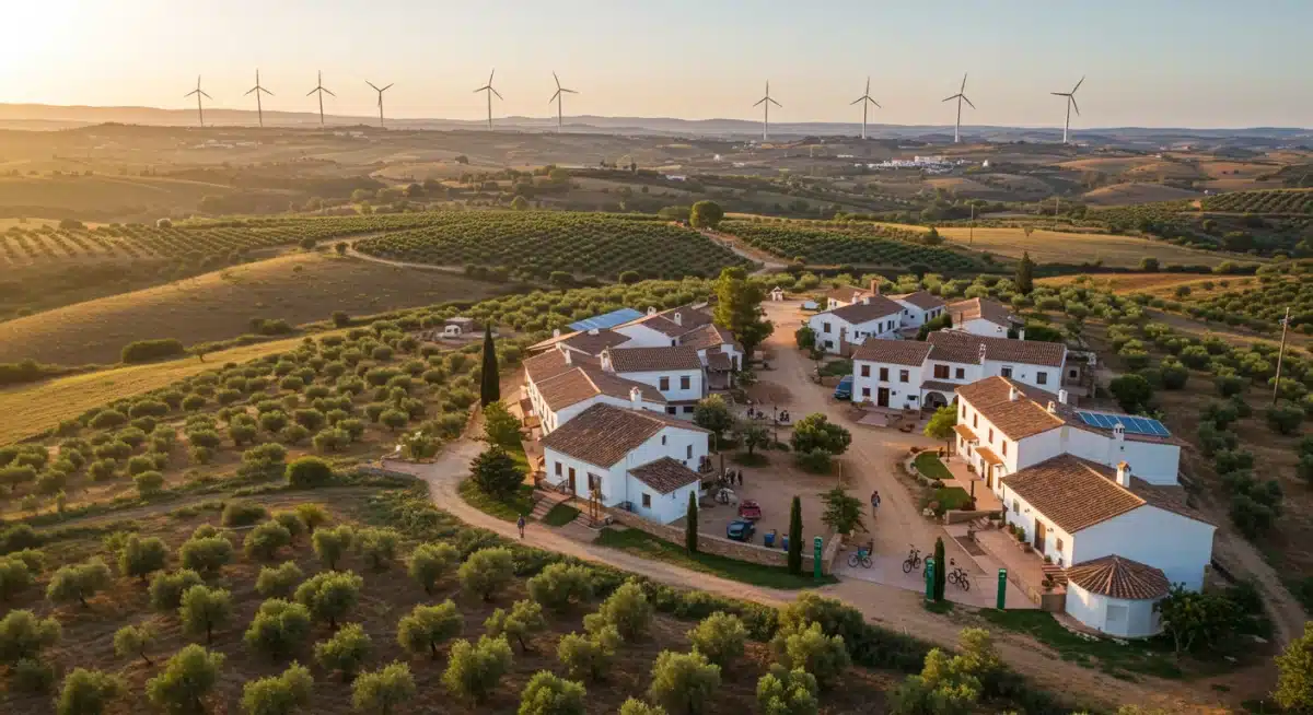 Paisaje rural español con un proyecto de turismo sostenible, mostrando alojamientos y actividades ecológicas.