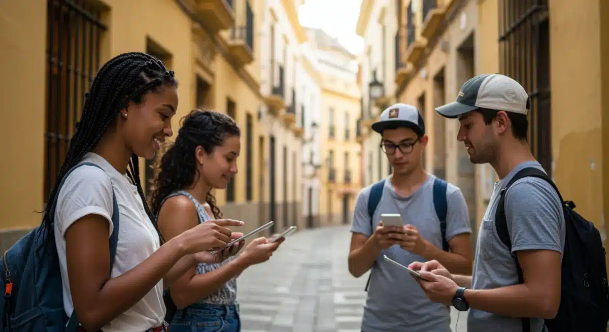 Turistas jóvenes usando dispositivos digitales para explorar una ciudad española, enfatizando la importancia de la digitalización en el turismo.