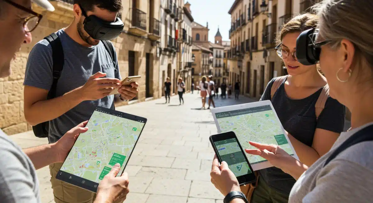 Turistas utilizando tecnología digital para explorar una ciudad histórica española, simbolizando la digitalización turística.