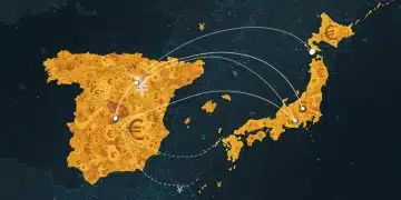 Yen y Exportaciones Tecnológicas Españolas: Perspectivas Q1 2025 Mapa global conectando España y Japón con símbolos de yen y euro, representando el impacto de las fluctuaciones del yen en las exportaciones tecnológicas españolas.