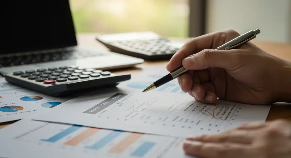 Mano apuntando a un informe financiero detallado con datos clave para la optimización fiscal.