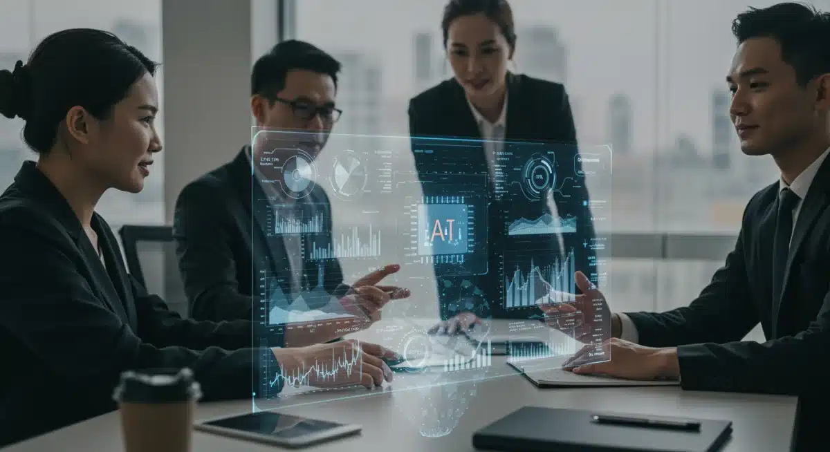 Profesionales analizando tendencias de inversión en IA en una pantalla holográfica, simbolizando la colaboración en el sector tecnológico.