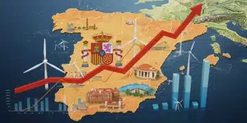 Gráfico de crecimiento económico sobre un mapa de España, simbolizando el aumento del PIB en 2025 y sectores clave.