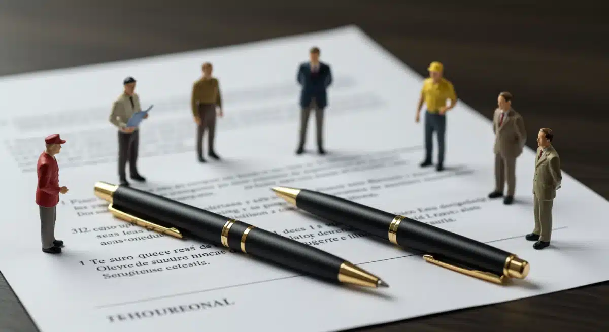 Documento legal con figuras representativas de trabajadores y empleadores, simbolizando las nuevas regulaciones laborales en España.