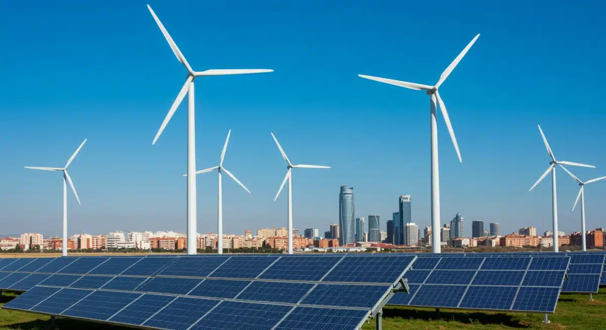 Parque eólico y paneles solares, simbolizando la inversión en energías renovables en España.