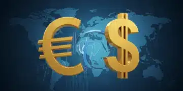 Símbolos del euro y el dólar entrelazados sobre un mapa mundial económico que sugiere fluctuaciones y tendencias futuras.