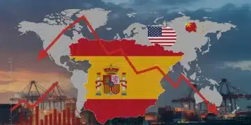 Gráfico complejo que ilustra la disminución proyectada del 15% en las exportaciones españolas a Asia debido a las tensiones comerciales entre EE. UU. y China en 2025.