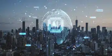 Paisaje urbano futurista con conexiones digitales y símbolos de inteligencia artificial, representando la inversión tecnológica global.