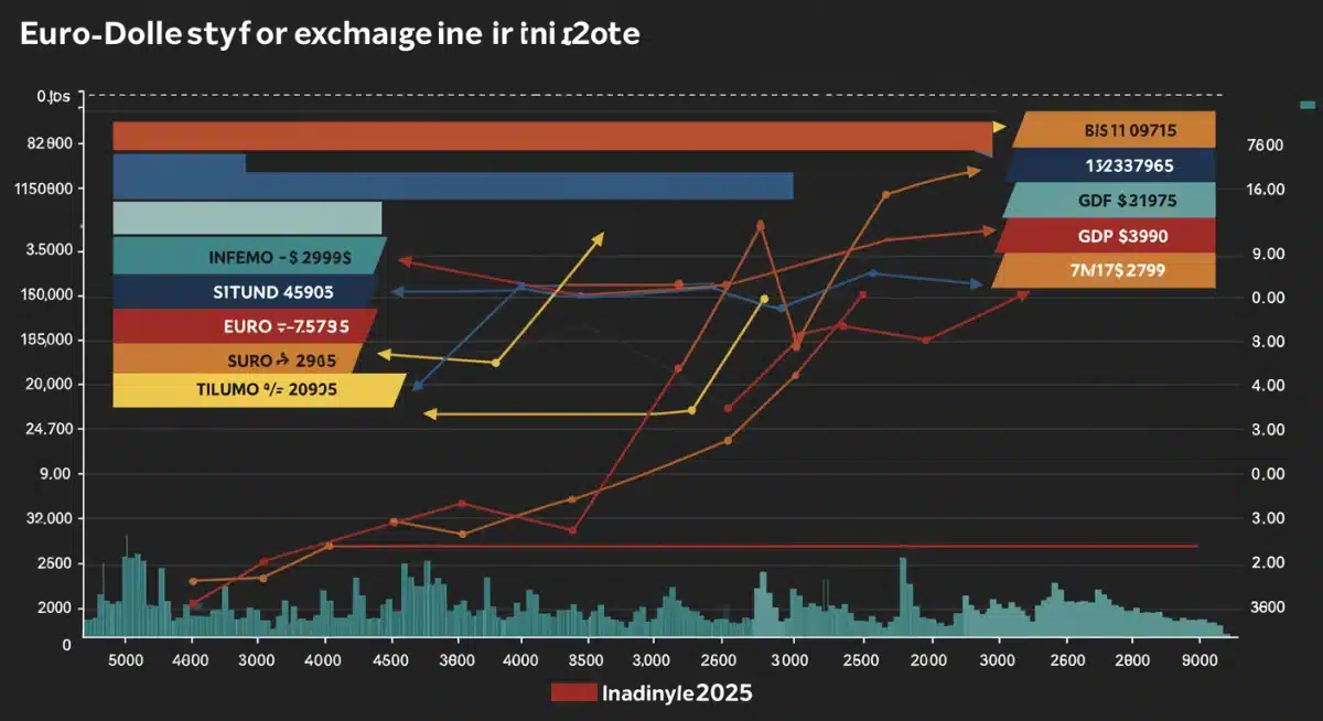 Infografía de indicadores económicos y factores geopolíticos que influyen en el tipo de cambio euro-dólar en 2025.