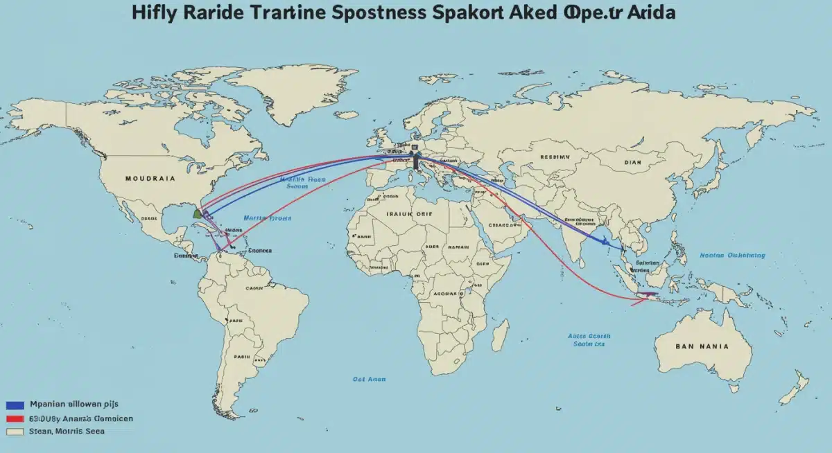 Mapa detallado de las rutas marítimas de exportación desde España hacia Asia, mostrando puntos clave y posibles interrupciones en el comercio.