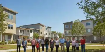 Diverse community stands proudly before new affordable housing developments.