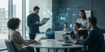Professionals upskilling in AI and Machine Learning with laptops and digital displays, indicating career growth and salary boost.