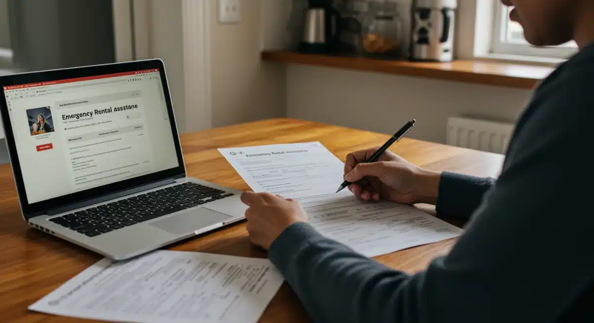 Individual diligently completing emergency rental assistance application forms at home.