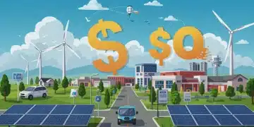Illustration of clean energy technologies in a US town