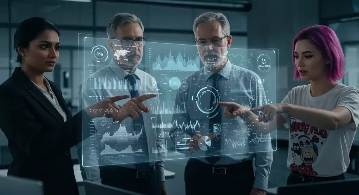 Professionals analyzing economic data on a holographic display, representing collaborative innovation.