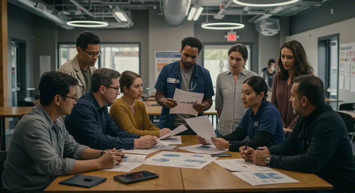 Community leaders and healthcare professionals collaborating on opioid crisis strategies