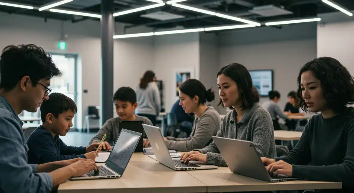 Community members engaged in digital learning at a broadband-enabled center