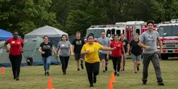 Community members engaged in a disaster preparedness exercise, simulating an emergency response.