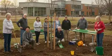 Community members working together on a local park project with a modern community center in the background, symbolizing federal grants for development.