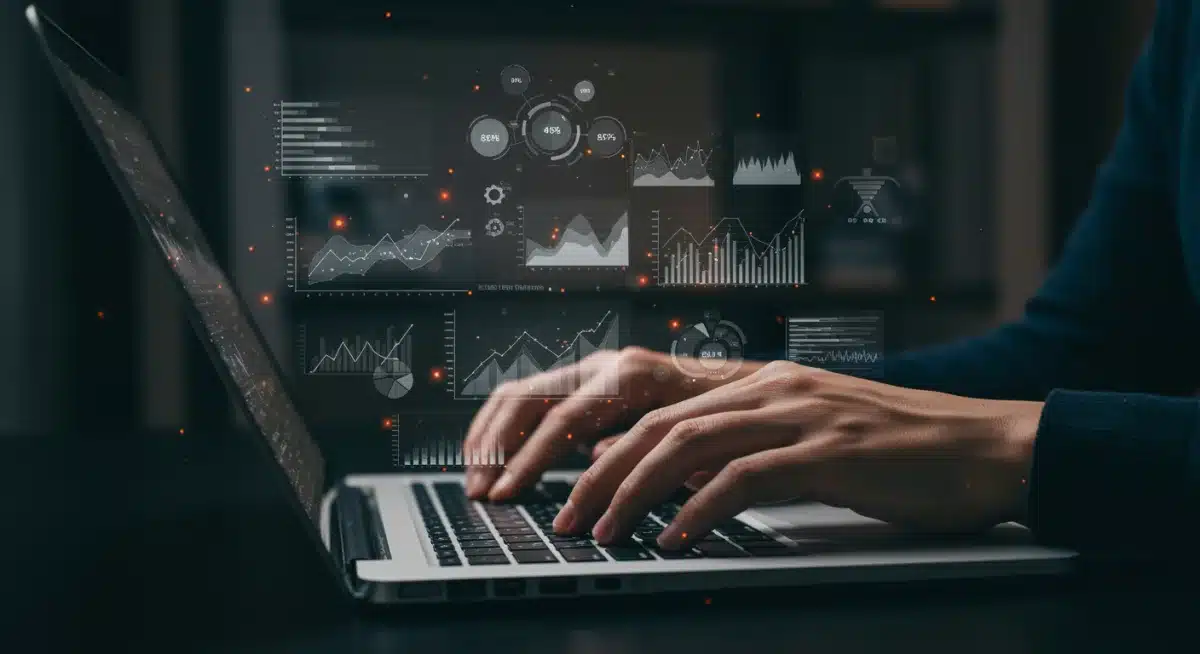 Hands typing on laptop, focusing on data analysis certification