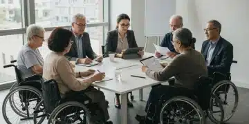 Diverse group reviewing disability benefit application forms with a counselor.