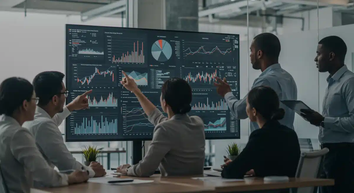Professionals analyzing U.S. economic data on a large screen