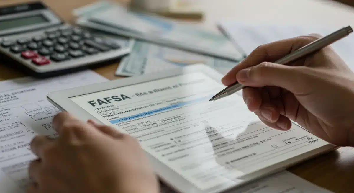 Hand filling out FAFSA form on tablet for student aid