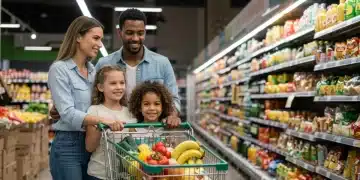 Smiling family grocery shopping with full cart after federal food benefit increase