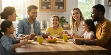 Family enjoying a meal together, representing food security and SNAP benefits.