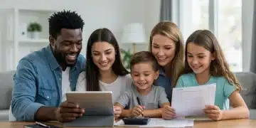 Family happily reviewing 2025 EITC tax documents