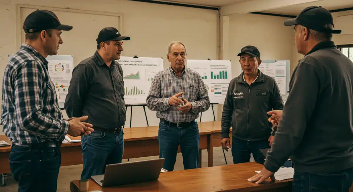Farmers discussing new federal agricultural policies in a community meeting.