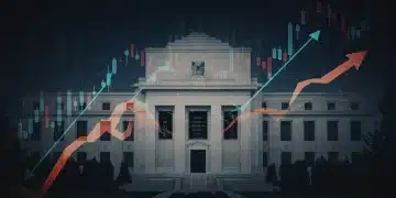 Federal Reserve building with economic charts and arrows representing interest rate fluctuations for 2025 outlook.