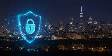 Digital shield protecting a city skyline, symbolizing federal cybersecurity grants