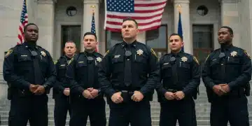 Law enforcement officers discussing new federal public safety guidelines for 2025.