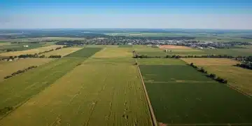 Aerial view of diverse agricultural fields and a town, symbolizing federal impact on local farming.