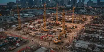 Construction workers and machinery on a large infrastructure project site, representing job growth.