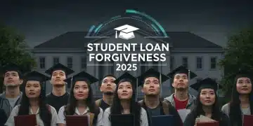 Students looking at a digital graphic about federal student loan forgiveness 2025