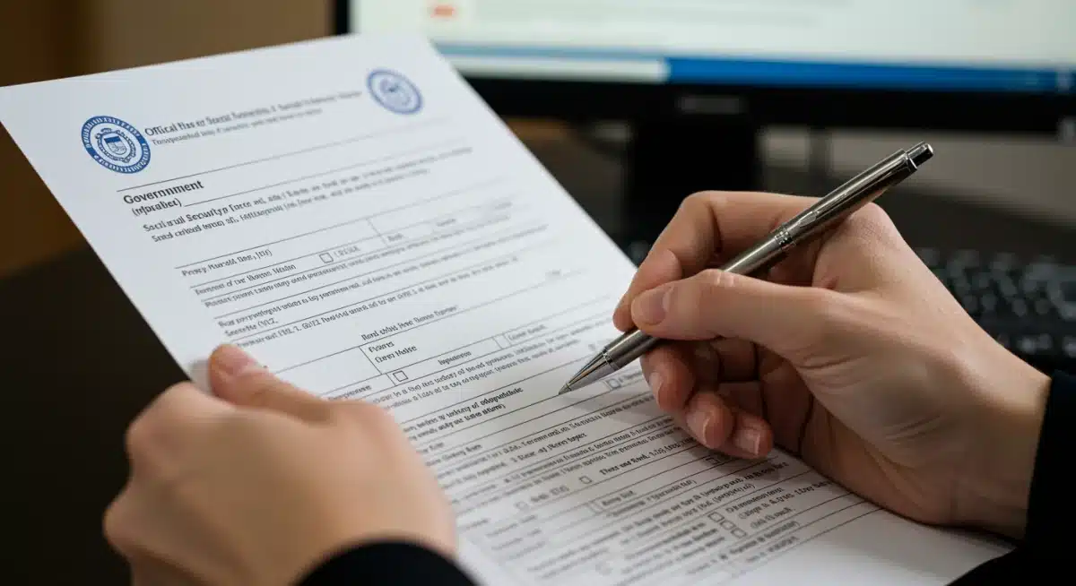 Detailed view of hands filling out a disability benefits application form.
