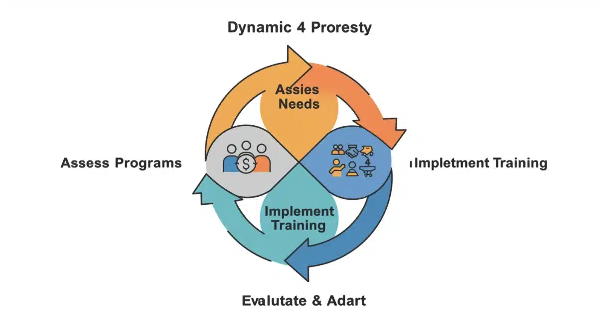 Infographic illustrating a four-step continuous reskilling process for businesses.