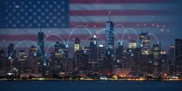 Futuristic cityscape with digital connections, symbolizing technology driving U.S. economic growth in 2025.