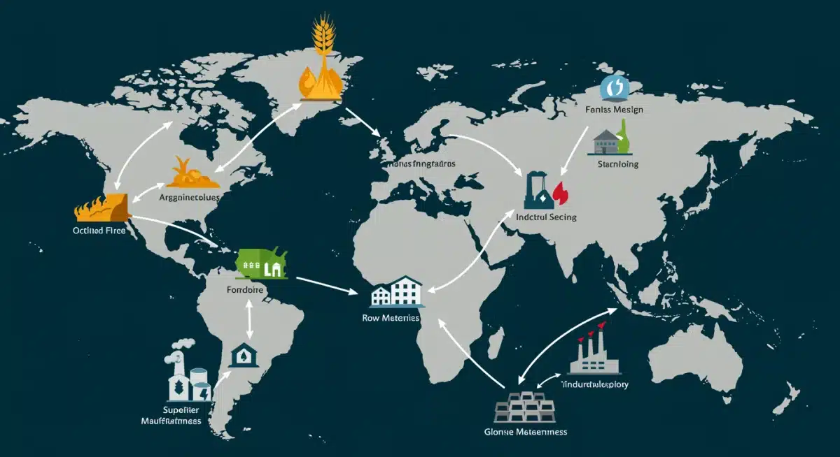 Infographic illustrating global supply chain interconnectedness and commodity flow.