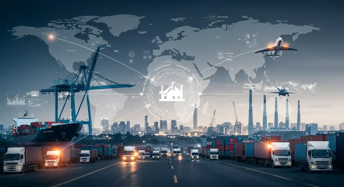 Illustration of interconnected global supply chains and logistics converging on a US factory.